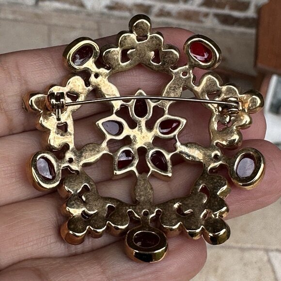 VTG Brooch Pin 2" Rhinestone Blooming Flower Pink Red Gold Plated‎ Geometric - Picture 8 of 9